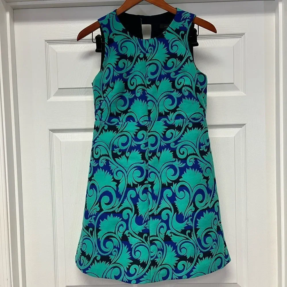 J. Crew Vineyard Jacquard Wester Dress in Navy & Green Damask. Sz 6P NWOT